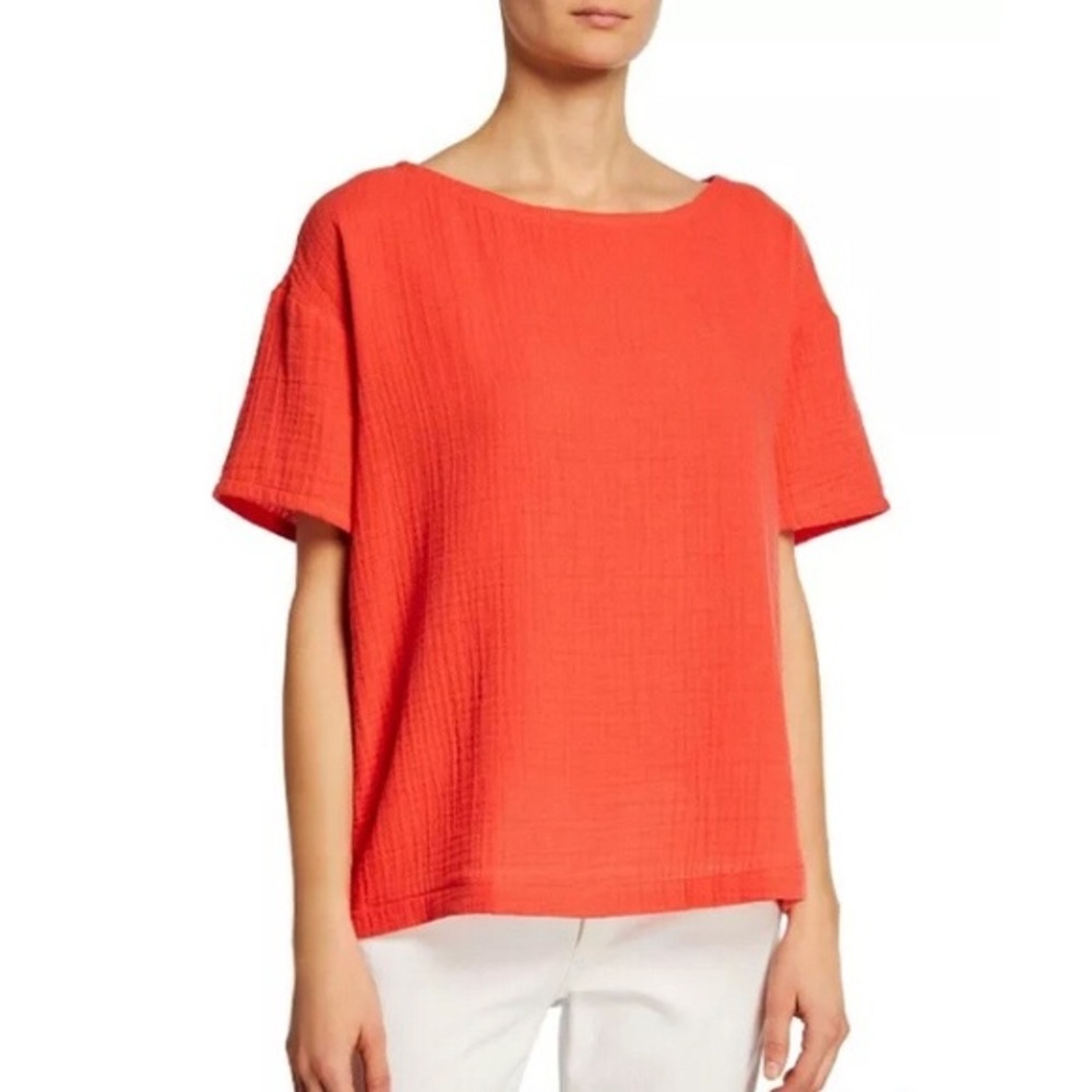EILEEN FISHER Top bateau neck organic crinkle cotton Tangerine NWT - Picture 1 of 4